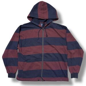 GAP Rugby Stripe Zip Front Hooded French Terry Jacket Navy & Maroon